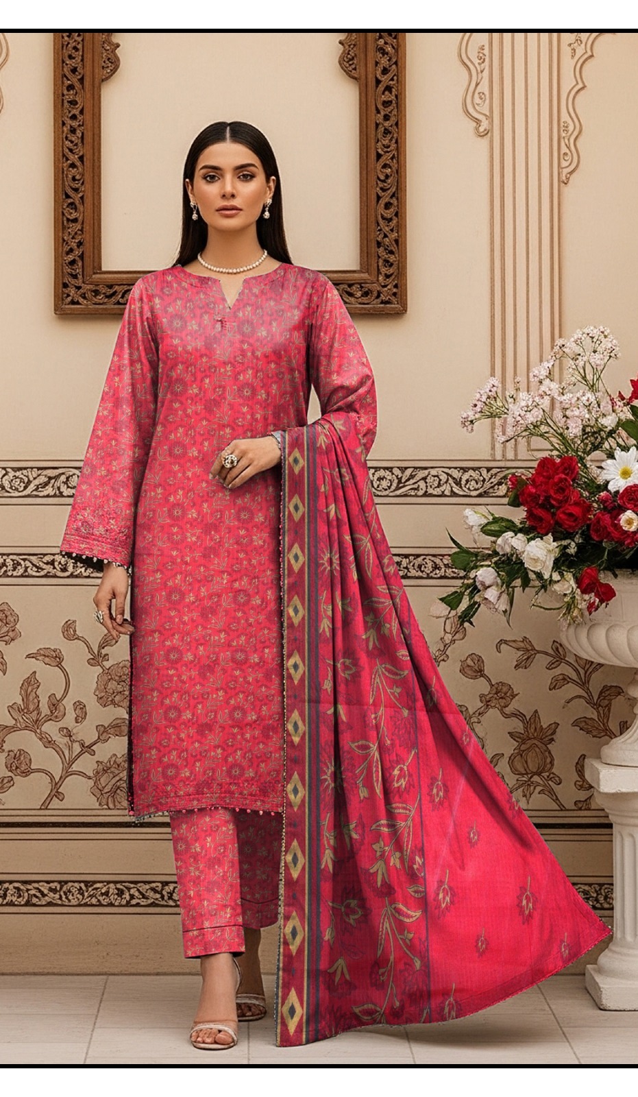 Bin Saeed Bakht Bhari Dora - Digital Printed 3-Piece Suit - PaleVioletRed