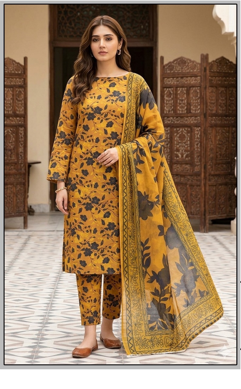 Bin Saeed Premium Lawn 3-Piece Suit - Tulip Digital Floral Print - DarkGoldenrod