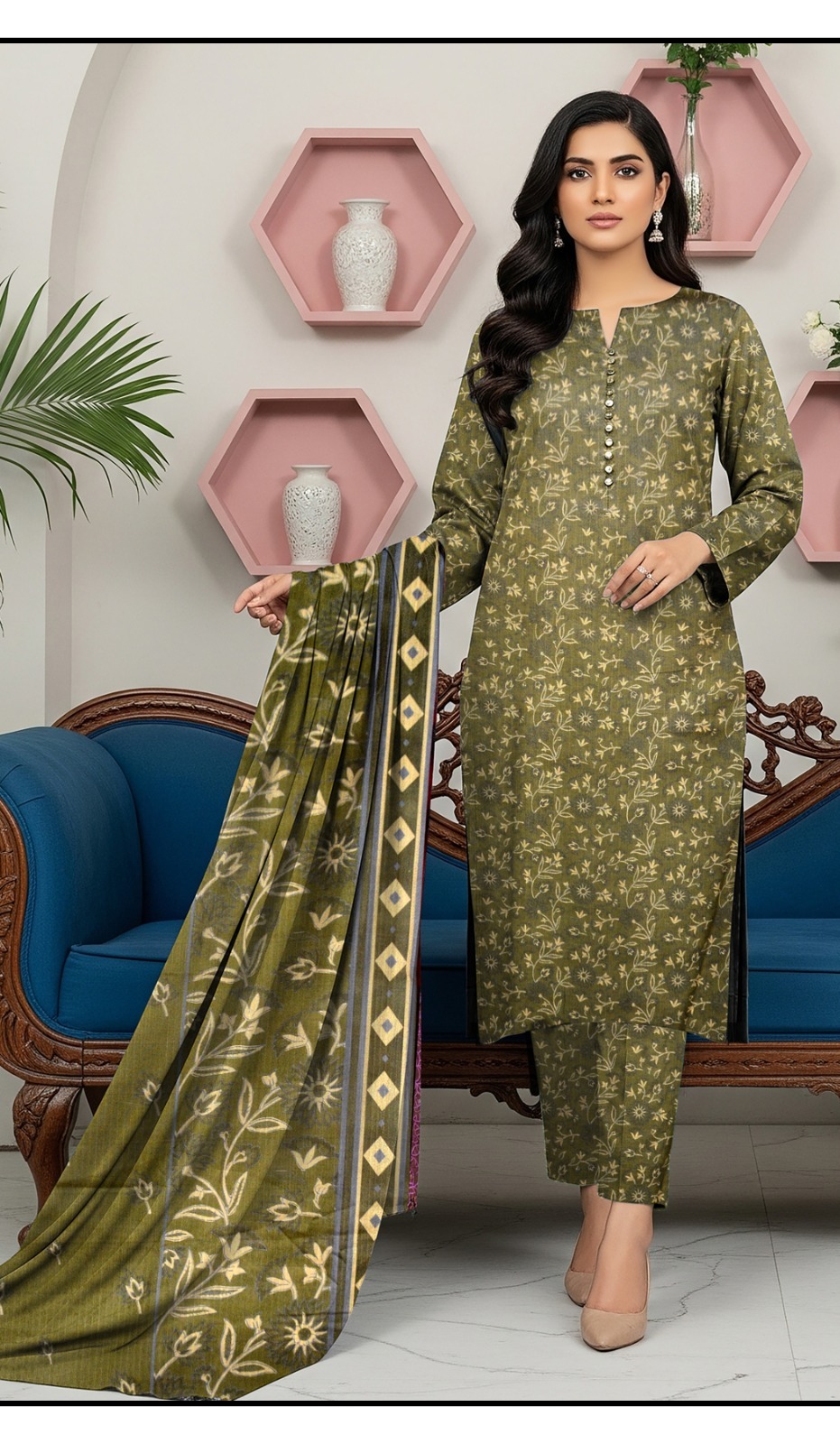 Bin Saeed Bakht Bhari Dora - Digital Printed 3-Piece Suit - OliveDrab