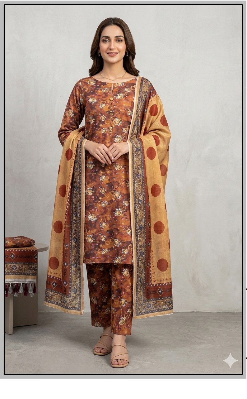 Bin Saeed Premium Lawn 3-Piece Suit - Tulip Digital Floral Print - Brown