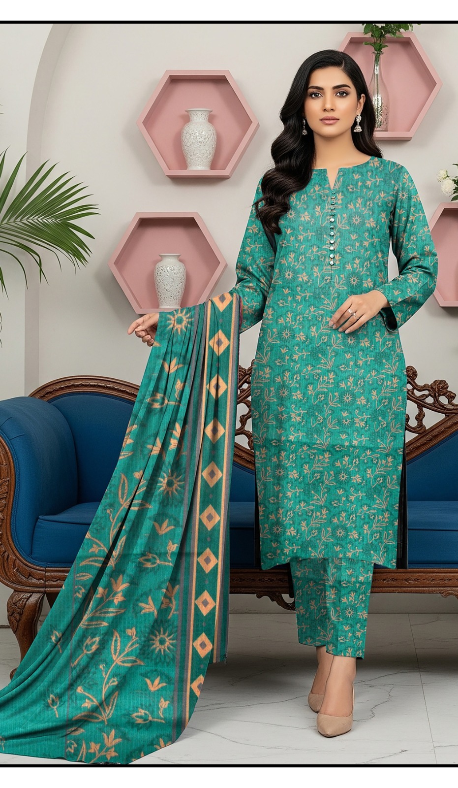Bin Saeed Bakht Bhari Dora - Digital Printed 3-Piece Suit - LightSeaGreen