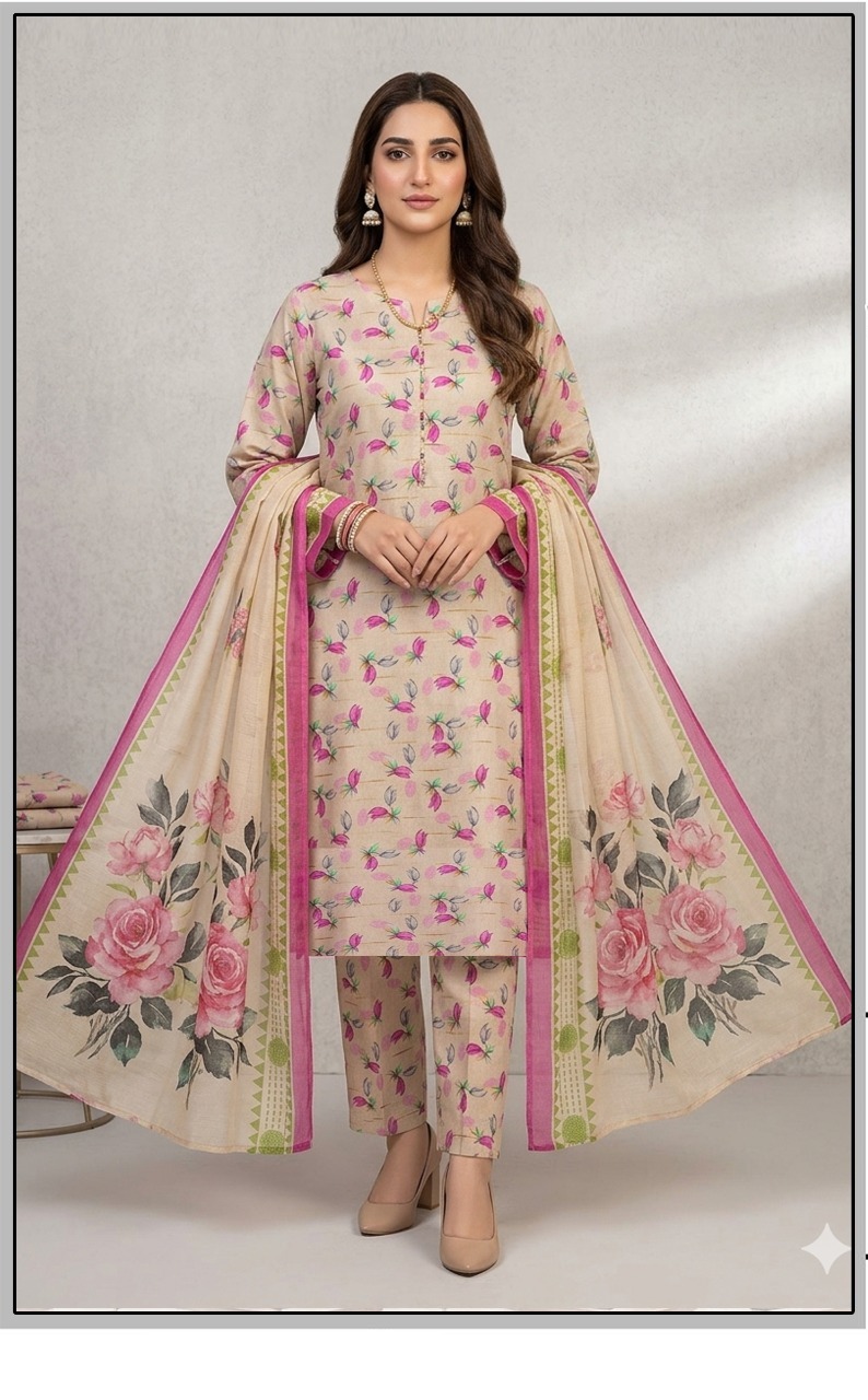 Bin Saeed Premium Lawn 3-Piece Suit - Tulip Digital Floral Print - Beige