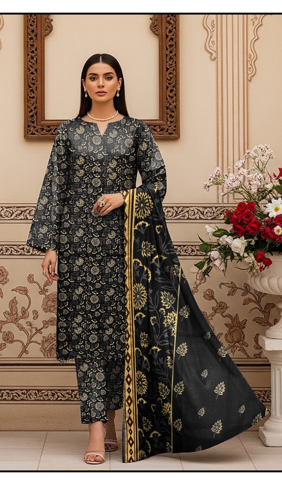 Bin Saeed Bakht Bhari Dora - Digital Printed 3-Piece Suit - Black