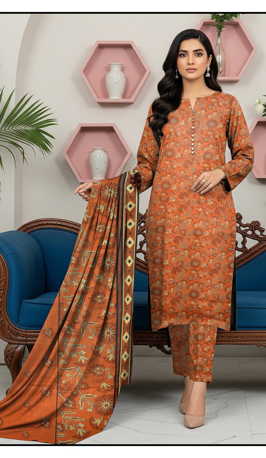 Bin Saeed Bakht Bhari Dora - Digital Printed 3-Piece Suit - Chocolate