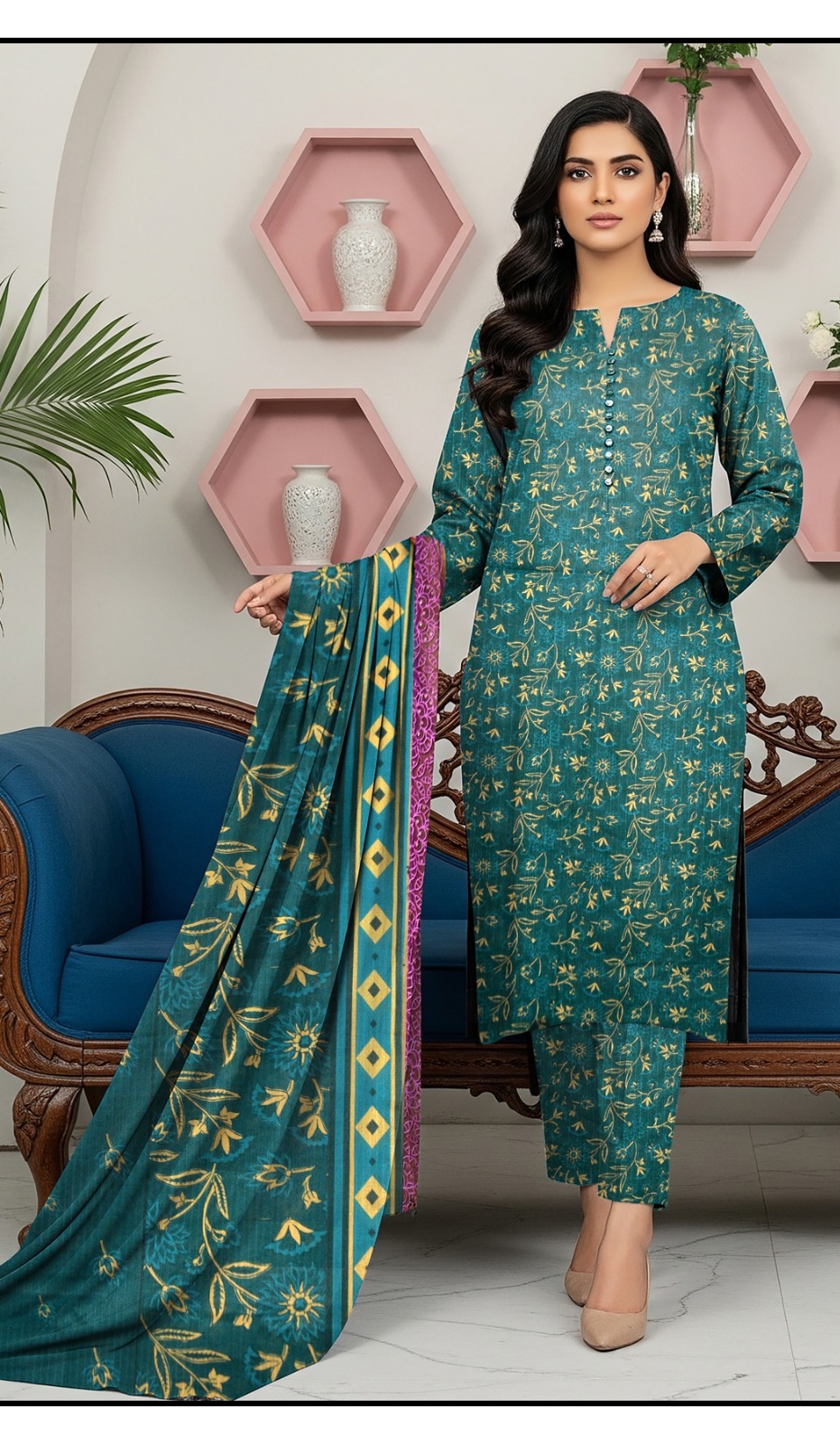 Bin Saeed Bakht Bhari Dora - Digital Printed 3-Piece Suit - Teal