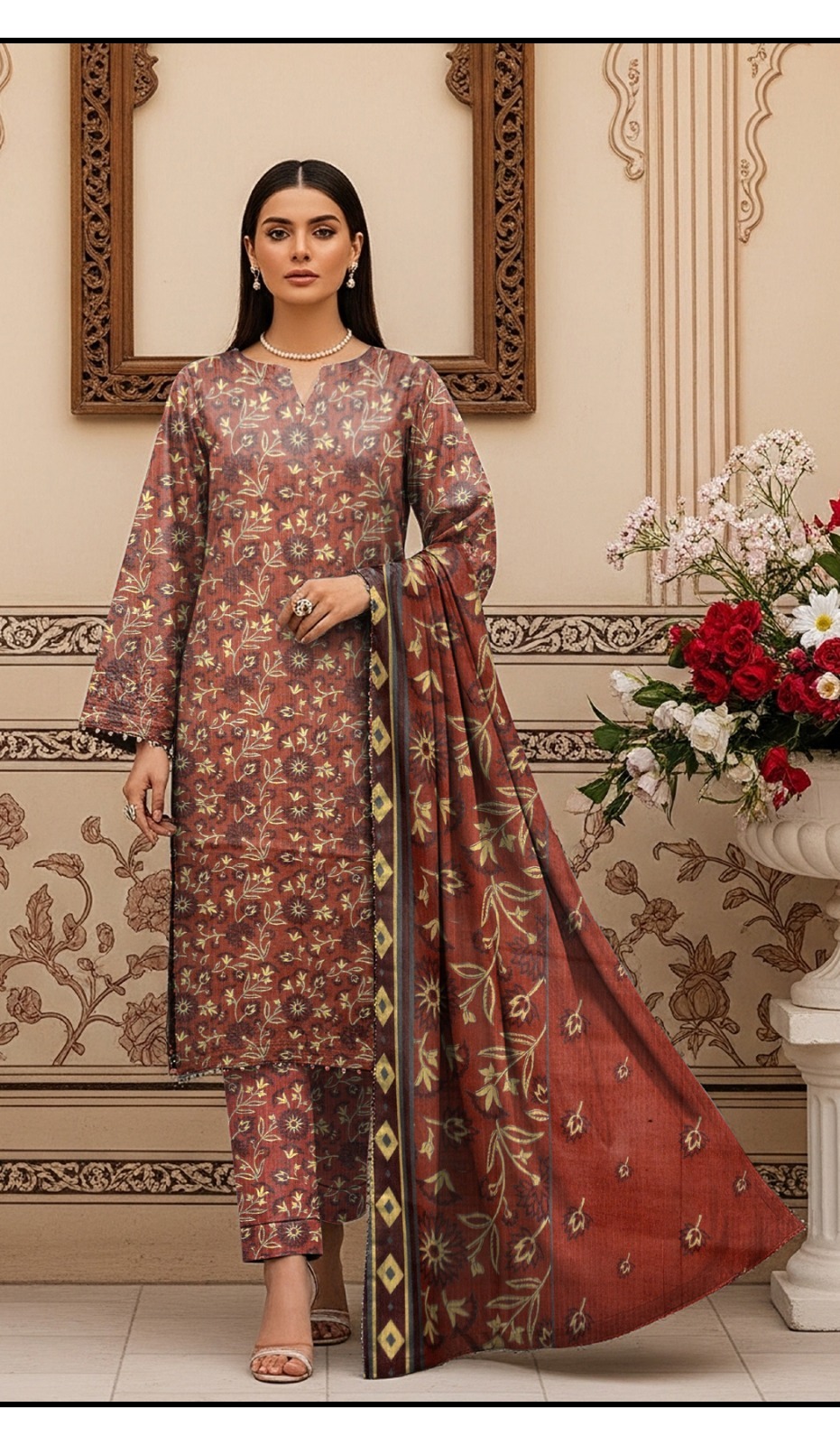 Bin Saeed Bakht Bhari Dora - Digital Printed 3-Piece Suit - RosyBrown