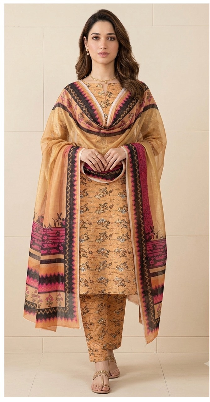 KGS Gul Bahar Lawn 3-Piece Suit - Borsha Digital Print - Tan