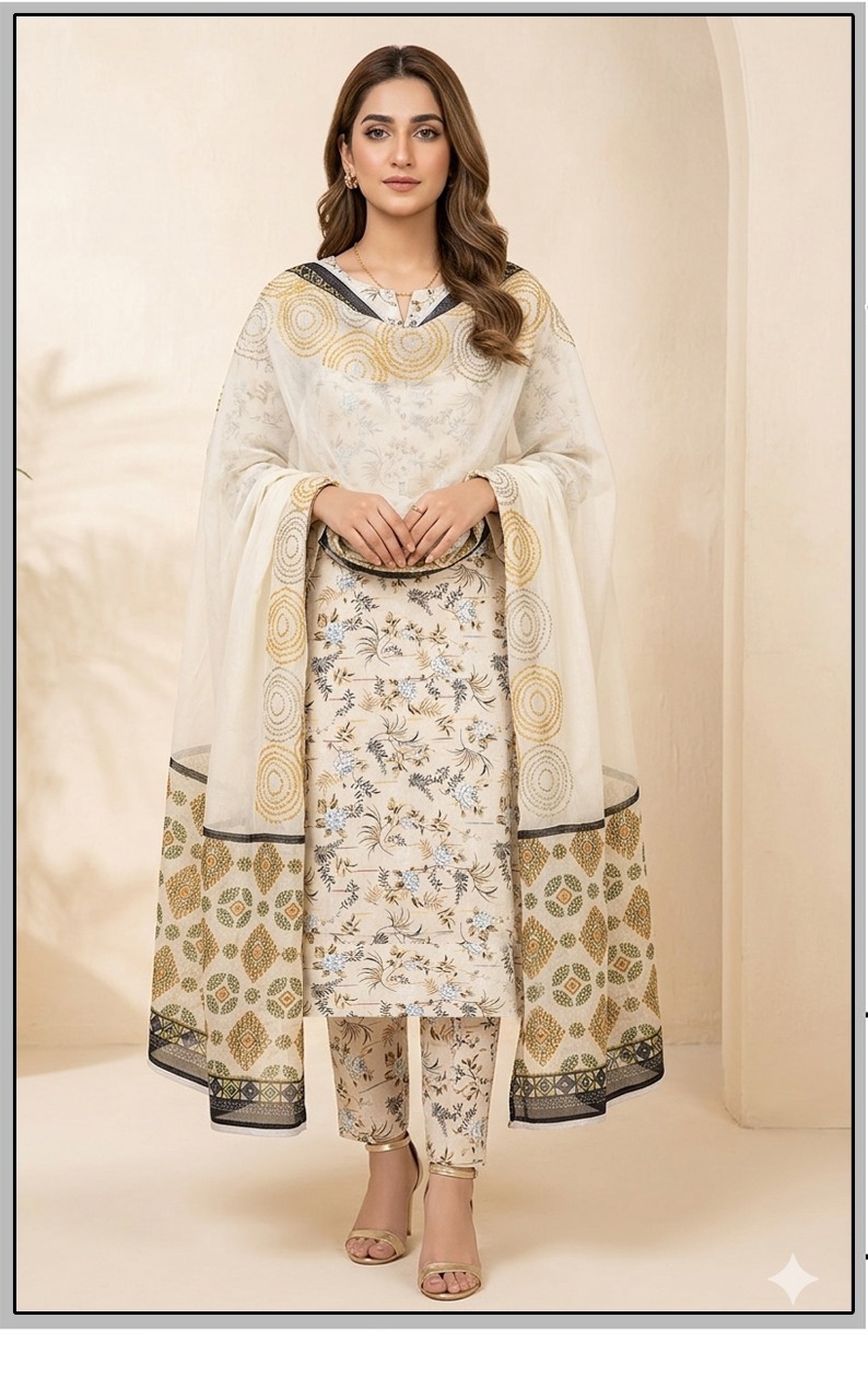 Bin Saeed Premium Lawn 3-Piece Suit - Tulip Digital Floral Print - OldLace